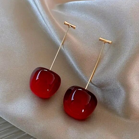 Cherry Earrings Red Fruit Fashion Jewelry Size 0.83''x1.7'' - Picture 1 of 10